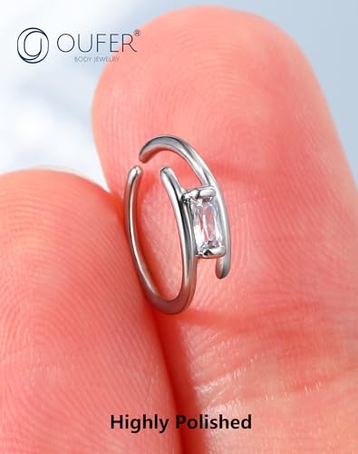 OUFER Nose Rings Silver, 20G Double Hoop 8MM Nose Rings, Seamless Stainless Steel Rook Daith Piercing Jewelry for Women & Men - style: Style6-Square Diamond