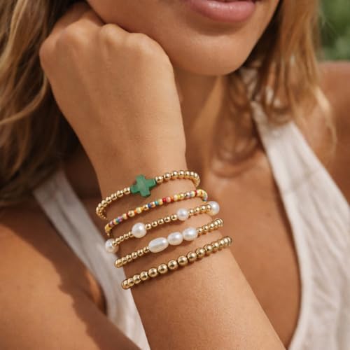Gold Bracelets for Women, Beaded Cross Stack, Non Tarnish Set，Set-1 | Gold Beaded Bracelet Stack with Stretch Fit, Waterproof Finish and Dainty Design for Everyday Wear and Gifts - color: Colors-2