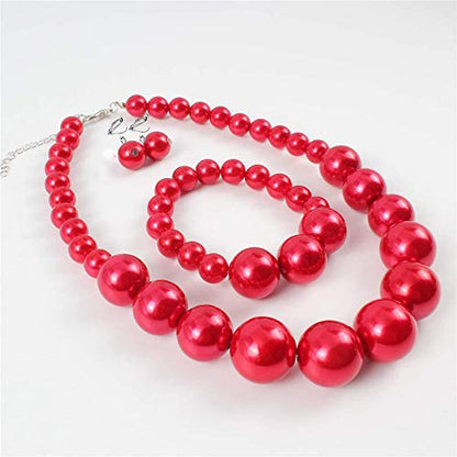 Bridal Wedding Faux Pearl Statement Necklace and Clip on Earrings Bracelet Jewelry Sets Women Bib Choker Necklace - color: Red-Necklace+Bracelet+Clip Earrings