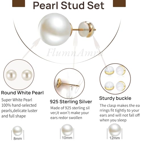 Big Pearl Stud Earrings:Hypoallergenic 14k Gold Plated Sterling Silver Post Stud Earrings Large Size Simulated Round Pearl Earrings Set for Women 8mm/10mm/12mm - High Luster Tarnish Resistant Wedding Daily Jewelry 3 Pairs