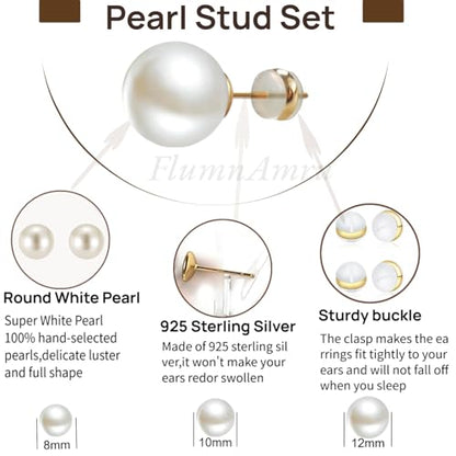 Big Pearl Stud Earrings:Hypoallergenic 14k Gold Plated Sterling Silver Post Stud Earrings Large Size Simulated Round Pearl Earrings Set for Women 8mm/10mm/12mm - High Luster Tarnish Resistant Wedding Daily Jewelry 3 Pairs