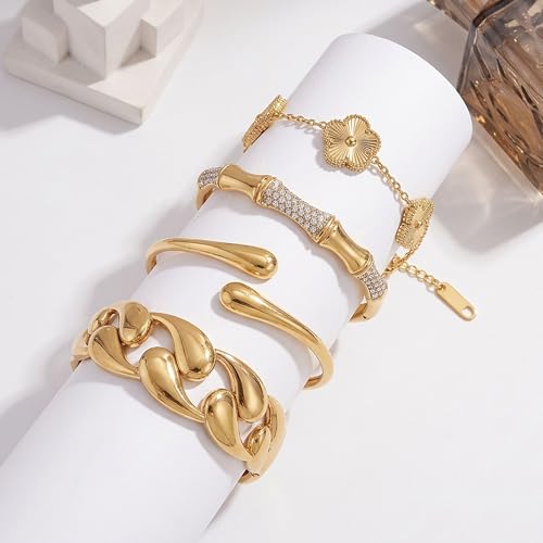 Stackable Gold Bracelets for Women - 4 Sets, 18K Gold Plated Bracelets, Stainless Steel Bangle Bracelets Non-Tarnish, Stylish Gold Jewelry Ensemble, Valentine's Day, Birthday and Christmas Jewelry Gifts - color: A5-(Gold 4Sets)