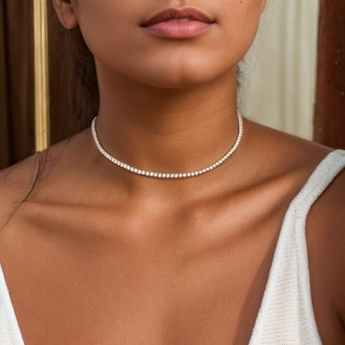LANE WOODS Simulated-Diamond-Moissanite Tennis-Choker Necklaces-for-Women: Adjustable 18K White Gold Plated Sterling Silver Chain Necklace for Woman Prom Wedding Anniversary Party Jewelry Gifts - style: 13"-15"