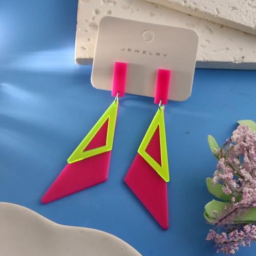 Retro 80s Neon Earrings for Women Acrylic Triangle Neon Dangle Earrings Colorful Geometric Drop Earrings Glow Party Halloween Neon Earrings - color: Rose Red