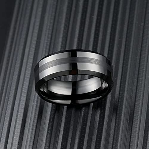 King Will Classic Tungsten Carbide Ring Brushed Two Grooved Center Hammered Design Mens Wedding Band for Men | Black/Silver/Gold, 8mm, Men's Wedding Band, Grooved, Comfort Fit, Everyday Wear - color: A-Black 8mm