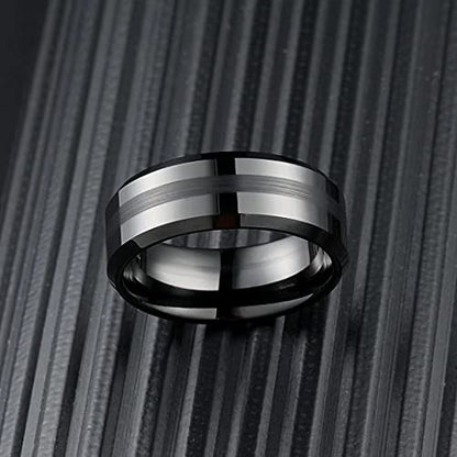King Will Classic Tungsten Carbide Ring Brushed Two Grooved Center Hammered Design Mens Wedding Band for Men | Black/Silver/Gold, 8mm, Men's Wedding Band, Grooved, Comfort Fit, Everyday Wear - color: A-Black 8mm