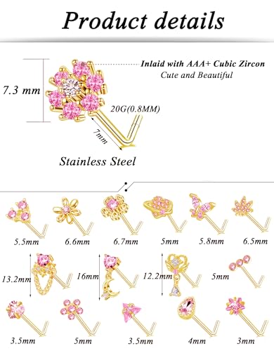 Tornito 16Pcs Nose Rings L Shaped Nose Stud Stainless Steel Butterfly Flower Leaf Heart Moon Dangle Nose Stud Ring Body Piercing Jewelry for Women Men 20G Pink Blue Clear CZ - color: D: Pink Gold