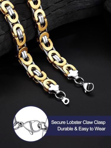 Bandmax Stainless Steel Byzantine Chain Necklace for Men Two Tone Black Gold Heavy Duty Motorcycle Biker Link Chains, 6MM/8MM/10MM Width, 18 Inch-30 Inch Length, Men's Fashion Jewelry Gift - color: 03 Silver&Gold Tone