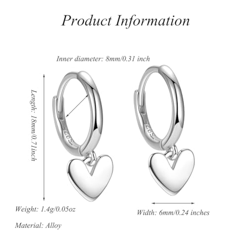 Cute Heart Love Dangle Drop Cartilage Small Huggie Hoop Earrings for Women Minimalist S925 Sterling Silver Charm Dangling Cuff Sleeper Hoops Dainty Hypoallergenic Jewelry