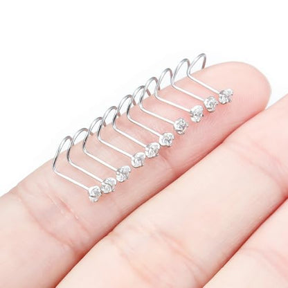 Nose Studs Surgical Steel Nose Rings Studs with Cubic Zirconia 10Pcs Tiny Nostril Rings for Women Screw Bone and L-Shaped Nostril Piercing Jewelry 24G 22G 20G 18G - color: silvertone,screw nose studs, size: 24g,2.0mm Clear CZ