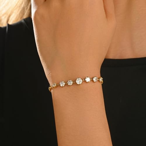 18K Gold Plated Cubic Zirconia Tennis Bracelet for Women Sparkling Stackable Stainless Steel Jewelry Hypoallergenic Tarnish Resistant Bridal Gift - color: 7 Round CZ-Gold