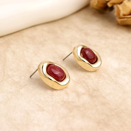 Jean Beau Chunky Gold Stone Stud Earrings for Women, Trendy Natural Gemstone Hypoallergenic Earing Valentine Jewelry Gift - color: Garnet
