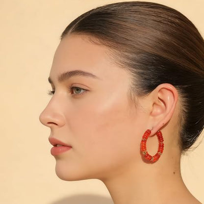 Wellike Beaded Hoop Earrings for Women Natural Stone Pink Gold Huggie Earrings Hypoallergenic Dainty Waterproof Trendy Jewelry - color: Red, size: 40mm