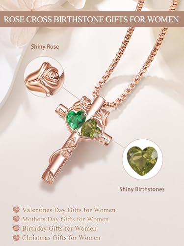 Rose Gold Cross Necklace with 2 Birthstones and Rose | Cross with Birthstone Necklace, Hypoallergenic, Adjustable Rolo Chain, Birthday Gifts, Catholic Christian Religious Jewelry - color: 05-08-May-Aug Birthstone