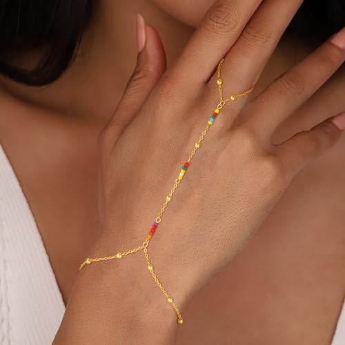 Hand Chain Bracelets for Women - 14K Real Gold Plated Dainty Stackable Paperclip Link Bracelets Hand Chain Bracelet Ring Gold Bracelets for Women Trendy - color: Colorful Beaded Hand Chain