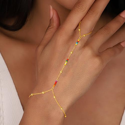 Hand Chain Bracelets for Women - 14K Real Gold Plated Dainty Stackable Paperclip Link Bracelets Hand Chain Bracelet Ring Gold Bracelets for Women Trendy - color: Colorful Beaded Hand Chain