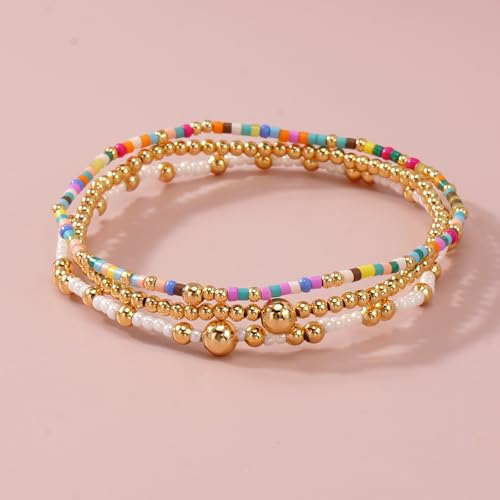 Gold Beaded Bracelet Stack for Women Colorful Small Seed Beads Bracelets Set Boho 14K Gold Plated Ball Stackable Stretch Non-Tarnish Dainty Jewelry Trendy Accessory Friendship Gift - color: blue and white