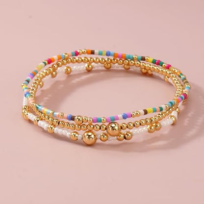 Gold Beaded Bracelet Stack for Women Colorful Small Seed Beads Bracelets Set Boho 14K Gold Plated Ball Stackable Stretch Non-Tarnish Dainty Jewelry Trendy Accessory Friendship Gift - color: blue and white