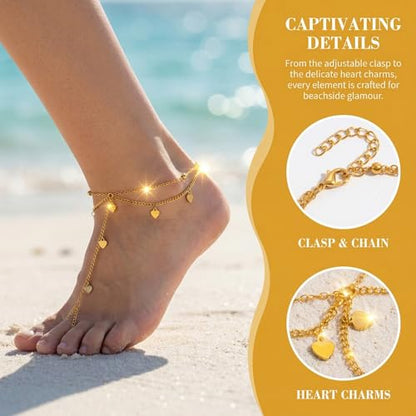 Golden-Tone Link Chain Anklet and Toe Ring Jewelry set for women | Adjustable Link Chain Anklets Jewelry set Colorful Crystal Charms, Star and Heart Accents Summer Beach Boho Foot Jewelry - color: Golden