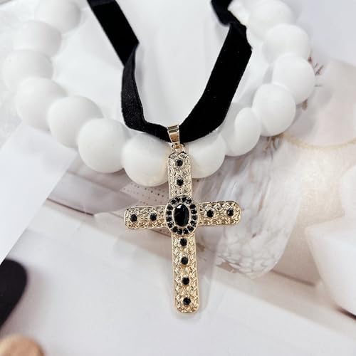 Gothic Velvet Choker Black Rhinestone Cross Pendant Necklace for Women Punk Vintage Suede Ribbon Collar Cubic Zirconia Crucifix Charm Adjustable Halloween Party Witch Cosplay Accessories Goth Jewelry