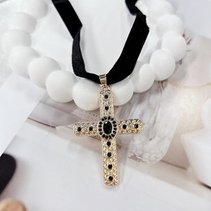 Gothic Velvet Choker Black Rhinestone Cross Pendant Necklace for Women Punk Vintage Suede Ribbon Collar Cubic Zirconia Crucifix Charm Adjustable Halloween Party Witch Cosplay Accessories Goth Jewelry