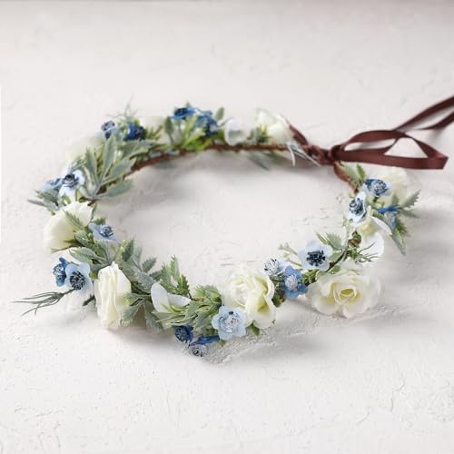 Fairy White Flower Crown Headband, Rose Floral Headpiece | Adjustable, Fairy Flower Crown, Women Girls, Renaissance Birthday Wedding Party Photo Props - color: Blue White