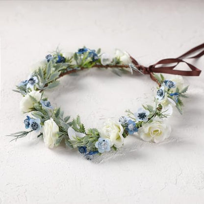 Fairy White Flower Crown Headband, Rose Floral Headpiece | Adjustable, Fairy Flower Crown, Women Girls, Renaissance Birthday Wedding Party Photo Props - color: Blue White