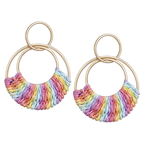 Raffia Hoop Earrings for Women Fun Boho Summer Beach Earrings Lightweight Handmade Straw Wicker Rattan Dangle Earrings Statement Geometric Round Drop Earrings - color: Colorful - Round