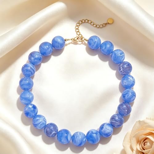 Chunky Necklaces for Women Trendy 20MM Large Resin Beaded Necklace Bold Statement Chunky Choker Necklace Boho Beads Summer Beach Jewelry - color: Sky Blue