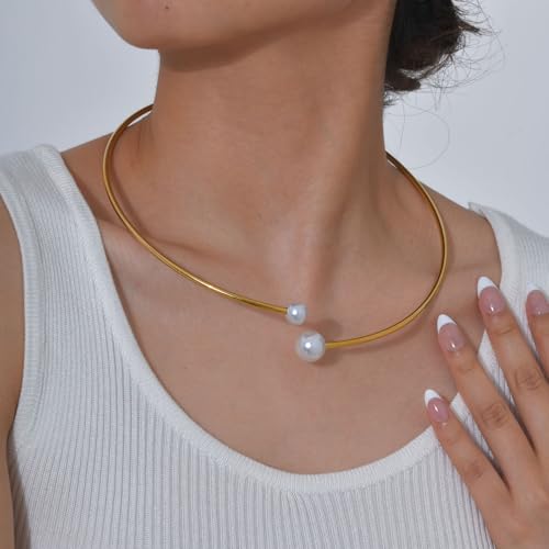 JAJAFOOK Minimalist Round Gold-Tone Bar Necklace Simple Fashion High Neck Choker Female King Neckwire - color: Wire with faux pearl‌