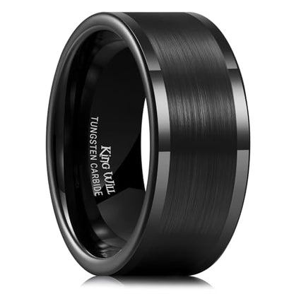 King Will Mens Brushed Wedding Band, Two Tone Matte Step Edges/Pipe Cut, Tungsten Carbide Anniversary Promise Rings Comfort Fit - color: Black Pipe Cut-10mm