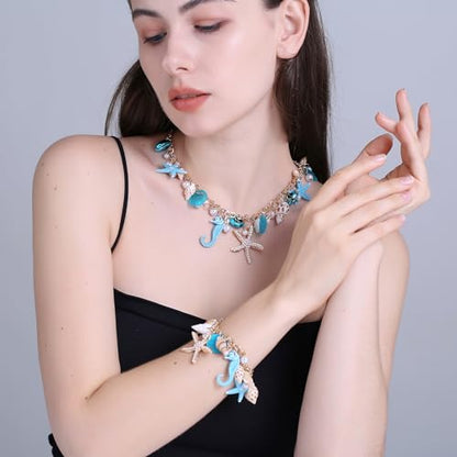RUOFFETA Shell Starfish Necklace Bracelet Conch Statement Chunky Necklace Mermaid Costume Jewelry Beach Jewelry for Women - style: Necklace Blue