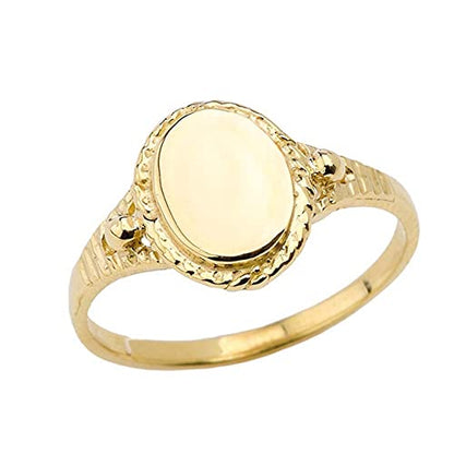 10K Yellow Gold Engravable Oval Signet Ring with Rope Halo and Textured Tapered Band