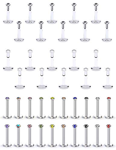 SCERRING 16G Lip Rings 6mm 8mm 10mm Acrylic & Stainless Steel Labret Monroe Lip Ring Tragus Rook Helix Earring Stud Piercing Jewelry with 2mm CZ 20-40PCS - style: 40PCS - 6mm