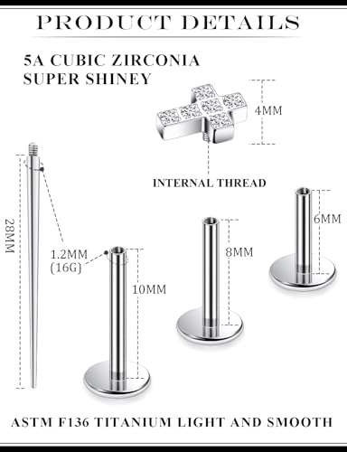 16G Astm F136 Titanium Internal Thread Flat Back Earrings Nose Studs Tragus Forward Helix Conch Cartilage Lobe Earrings Stud Medusa Labret Monroe Lip Ring Piercing Jewelry For Women Men - size: 16G--Style A-CZ