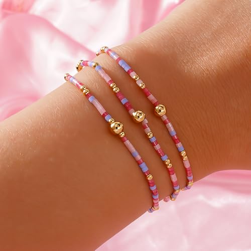 Colorful Gold Beaded Bracelets for Women Boho Tiny Gold Plated Ball Stretch Stackable Small Seed Beads Bracelet Stack Trendy Jewelry Set Dainty Vacation Friendship Christmas Gifts for Women - color: Pink