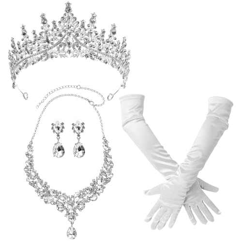 Tondiamo Bridal Jewelry Accessories Set Wedding Crystal Tiaras Crown Teardrop Necklace Earrings Satin Gloves for Women Queen Princess Birthday Prom Pageant Wedding Party - color: White