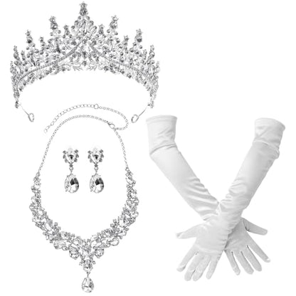 Tondiamo Bridal Jewelry Accessories Set Wedding Crystal Tiaras Crown Teardrop Necklace Earrings Satin Gloves for Women Queen Princess Birthday Prom Pageant Wedding Party - color: White