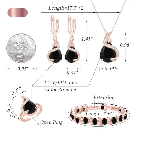 Jewelry Set for Women Teardrop Earrings Necklace Ring Bracelet Set Party Wedding Jewelry Gift for Mother Wife Friend - color: Rose Gold-Black