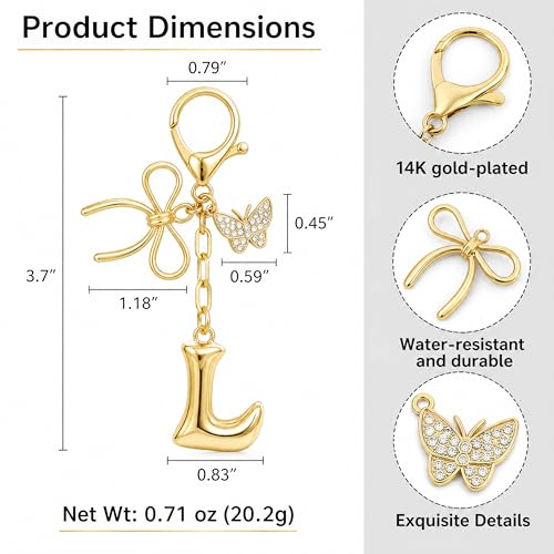 Gold Bubble Heart, Cherry, Bow & More Designs Letter Initial Keychain Bag Charms – Cute Purse Charms for Handbags - color: Bow & Butterfly, style: L