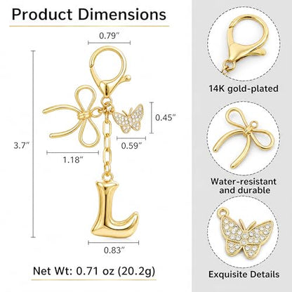 Gold Bubble Heart, Cherry, Bow & More Designs Letter Initial Keychain Bag Charms – Cute Purse Charms for Handbags - color: Bow & Butterfly, style: L