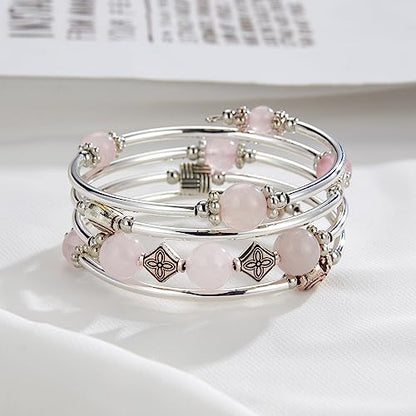 Beaded Pearl Bangle Wrap Bracelet - Fashion Bohemian Jewelry Multilayer Charm Bracelet with Thick Silver Metal Beads, Gift For Women - color: Pink crystal
