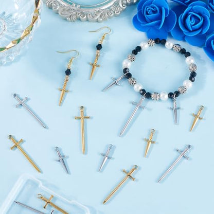 SUNNYCLUE 1 Box 16Pcs 4 Styles Real 18K Gold Plated Sword Charms Bulk Small Dagger Charms Silver Stainless Steel Knife Weapon Dangle Pendants for Jewelry Making Supplies Bookmarks Necklace Crafts DIY