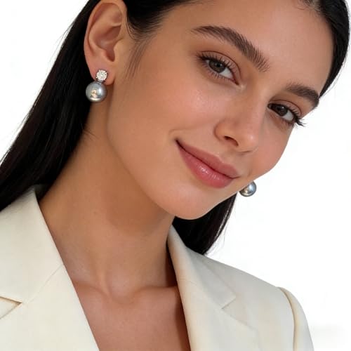 Faux Pearl Cubic Zirconia Stud Earrings, Hypoallergenic Lightweight Round Pearl Studs for Women - color: Blueish Silver, size: Pearl 12mm-CZ 6mm