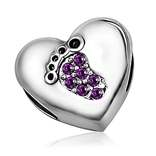 KunBead January-December Birthstone Footprint Heart Birthday Love Bead Charms Compatible with Pandora Bracelet for Mom Daughter Grandma Granddaughter - color: February