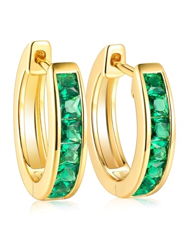 Chunky Emerald Sapphire Ruby Hoop Earrings, Princess or Round Cut, 14k Yellow Gold Plated Sterling Silver Cubic Zirconia Huggie Earings Minimalist Hoops Earrings for Women Wedding Daily Birthday - style: Princess cut -Emerald -Gold