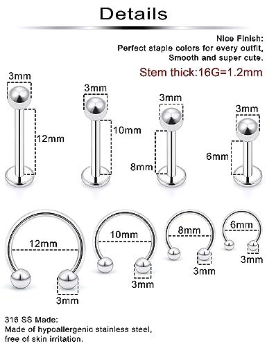 Lip Rings 32PCS Labret Jewelry Monroe Lip Barbell Ring Snake Bite Piercing Jewelry 16G Helix Earring Daith Tragus Cartilage Studs Surgical Steel Piercing Jewelry for Women Men - color: 32pcs,16 gauge