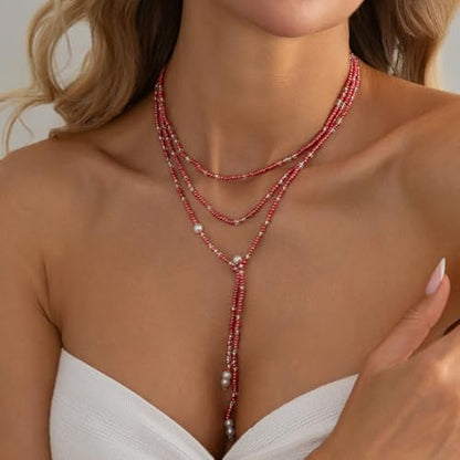 GYRMMUE Colorful Seed Bead Lariat Necklace for Women Boho Y Drop Beaded Choker Adjustable Multi Strand Wrap Necklaces Dainty Long Tassel Rice Bead Necklaces Everyday Party Jewelry - color: Pink