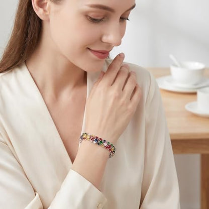 1PCS Bohemian Tennis Bracelet for Women, Golden Plated Copper Colorful Synthetic Zirconia, Elegant Jewelry for Anniversary - color: Gold