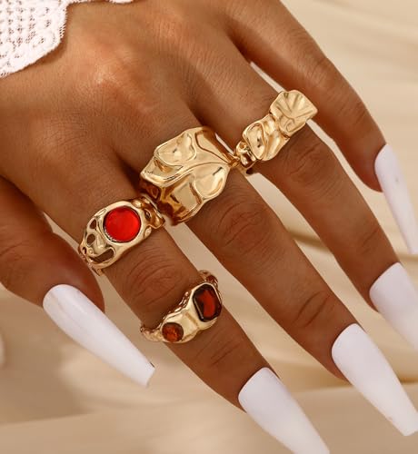 iF YOU 25 Pcs Gold Stackable Ring Set for Women, Chunky Knuckle Finger Midi Rings, Silver Simple Stacking Cute Rings Pack Trendy Stuff Jewelry Gift - style: 10 Red gem rings